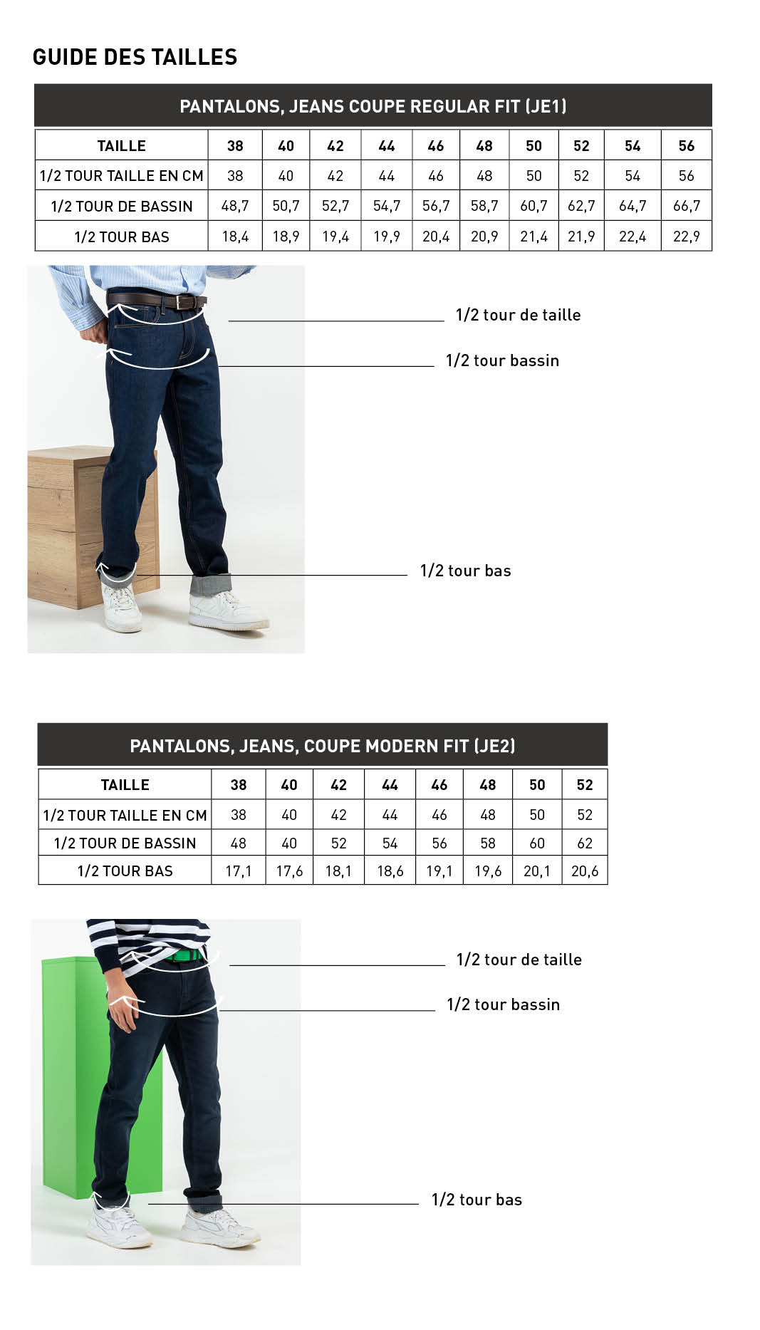 guide des tailles jeans pantalons