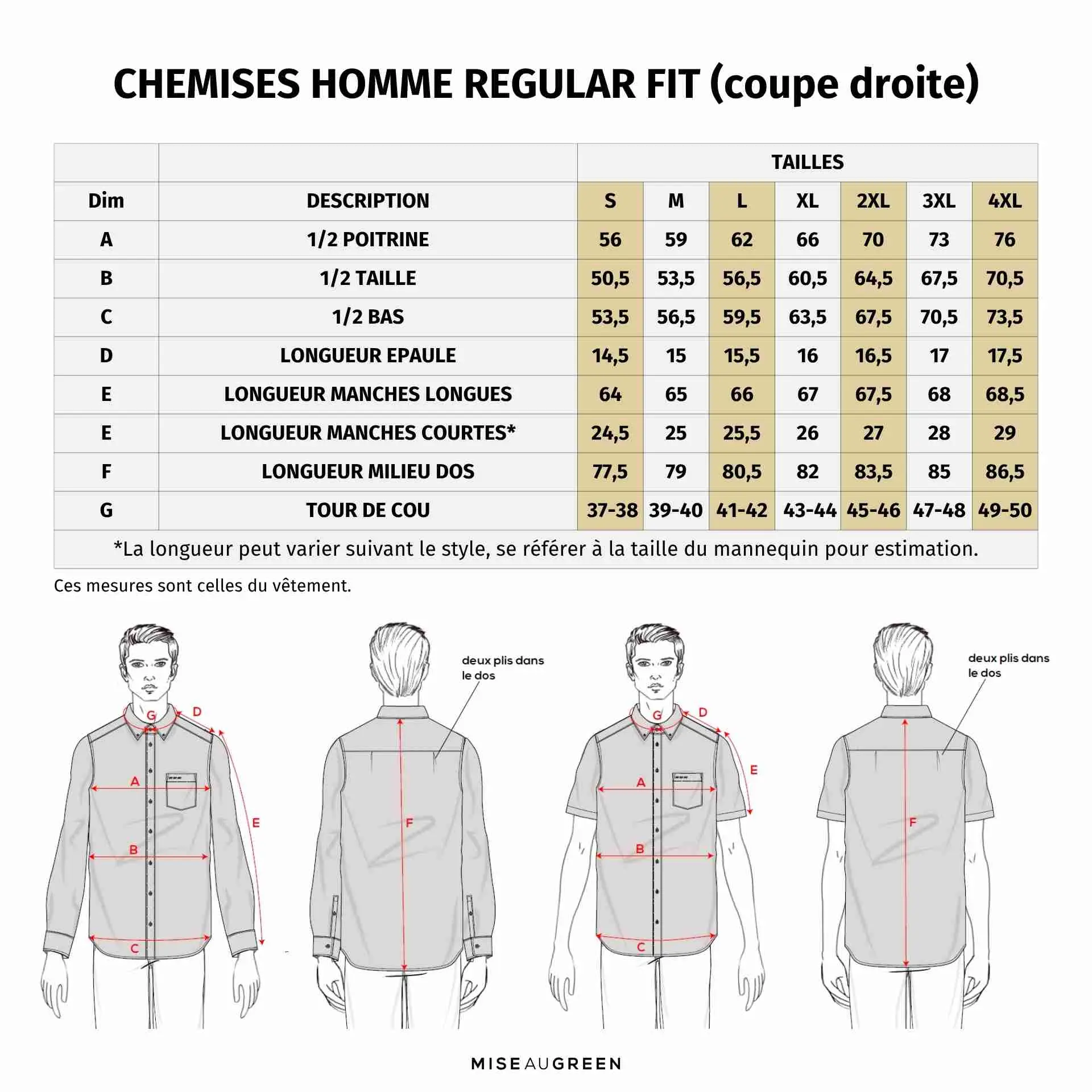 Guide de taille chemise homme regular fit