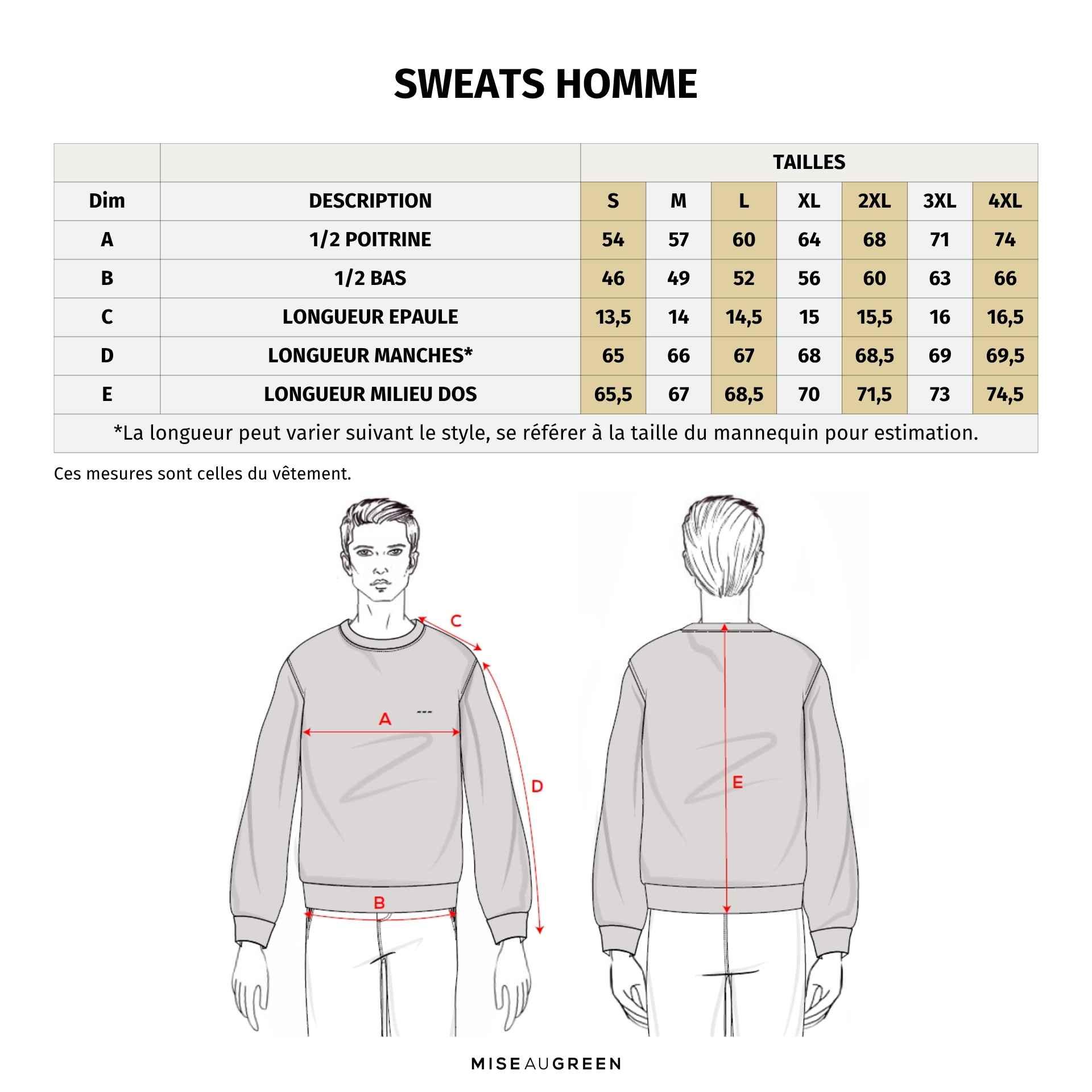 Guide de taille sweat homme
