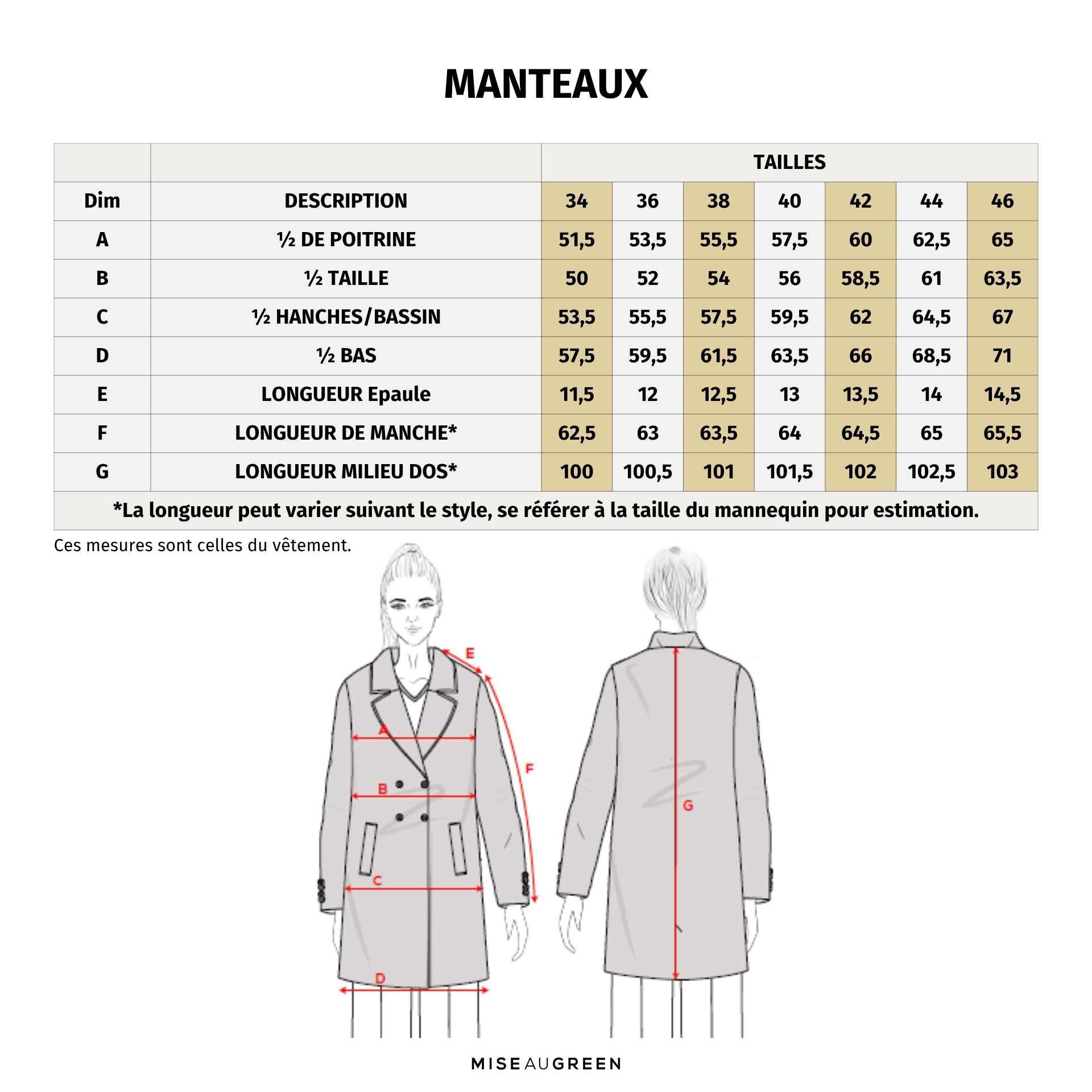Guide de taille manteau femme