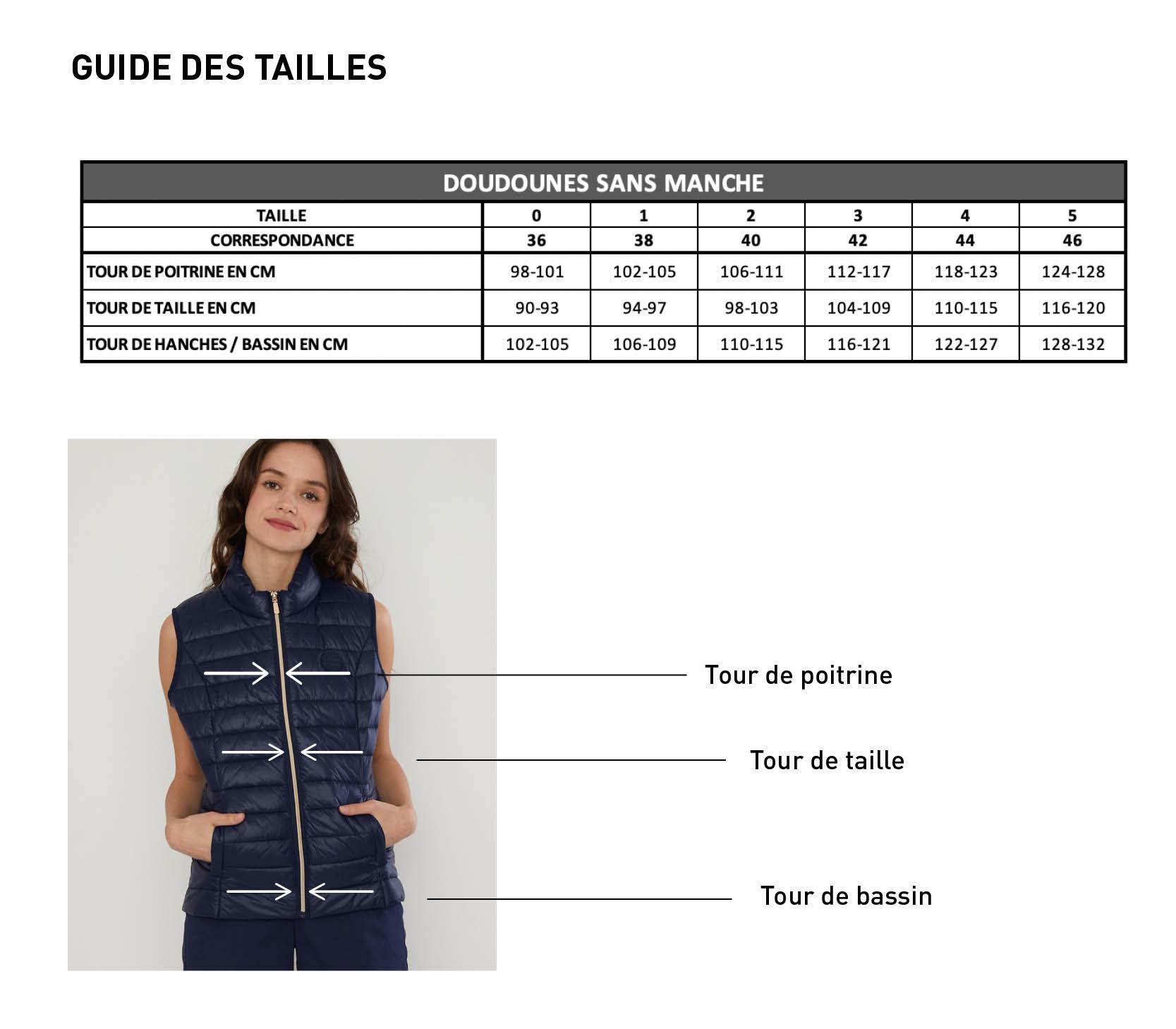 Guide des tailles doudoune sans manches femme
