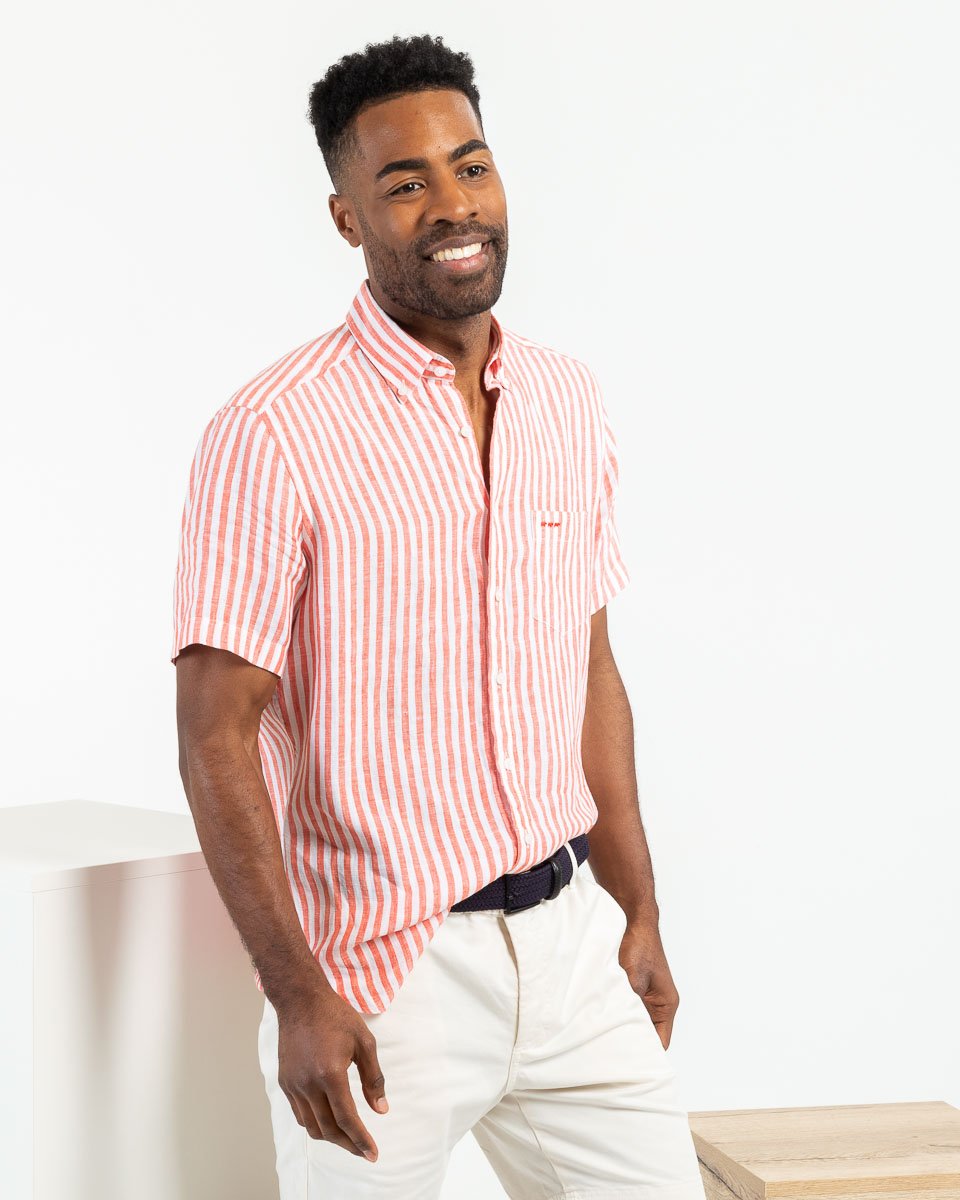 Chemise en lin manches courtes rayures verticales orange