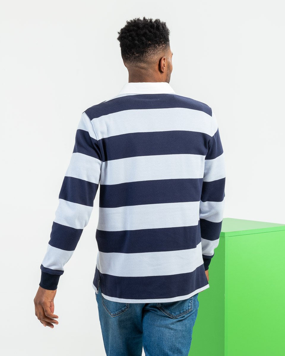 Sweat rayé col polo style rugby en coton bleu