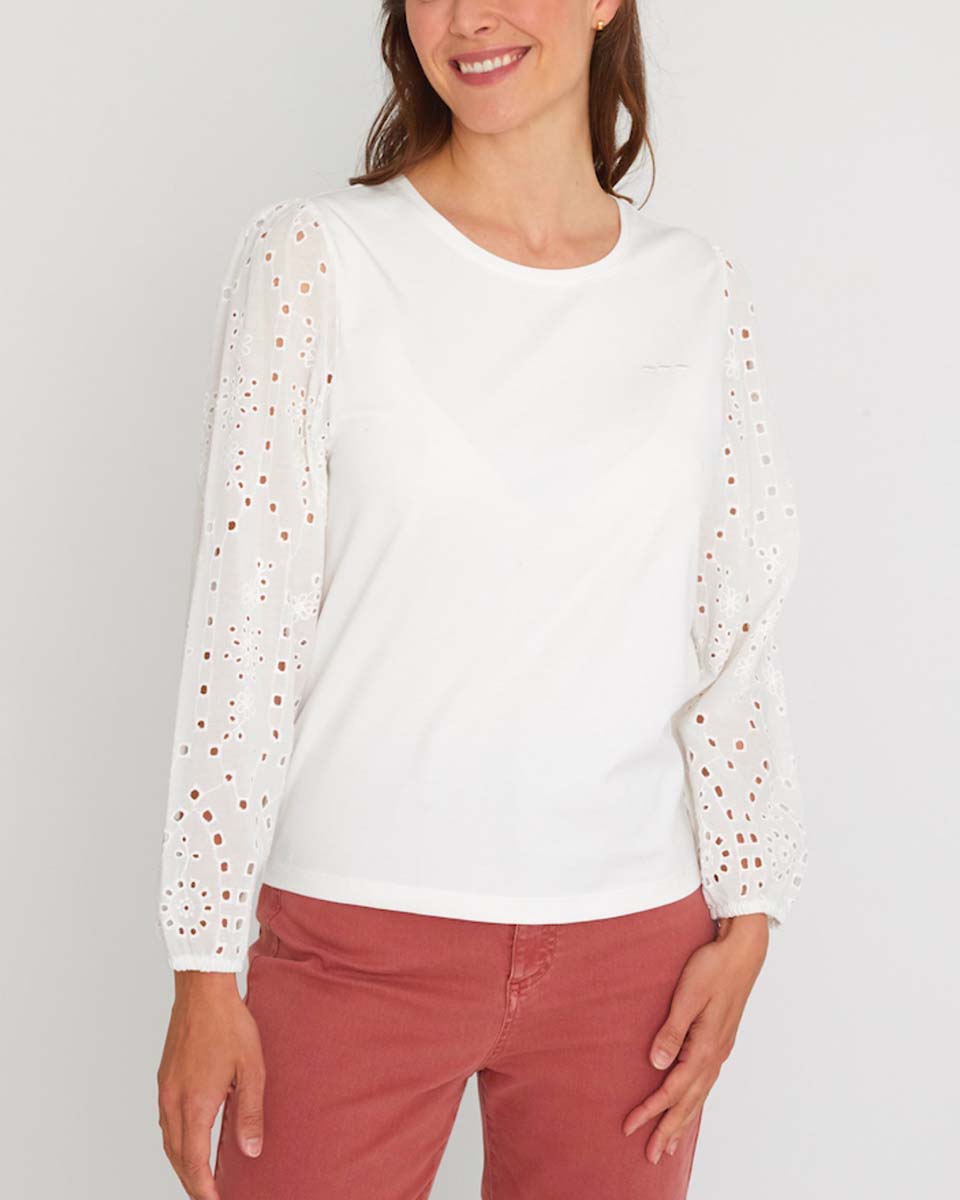 T-shirt uni manches manches longues broderie anglaise