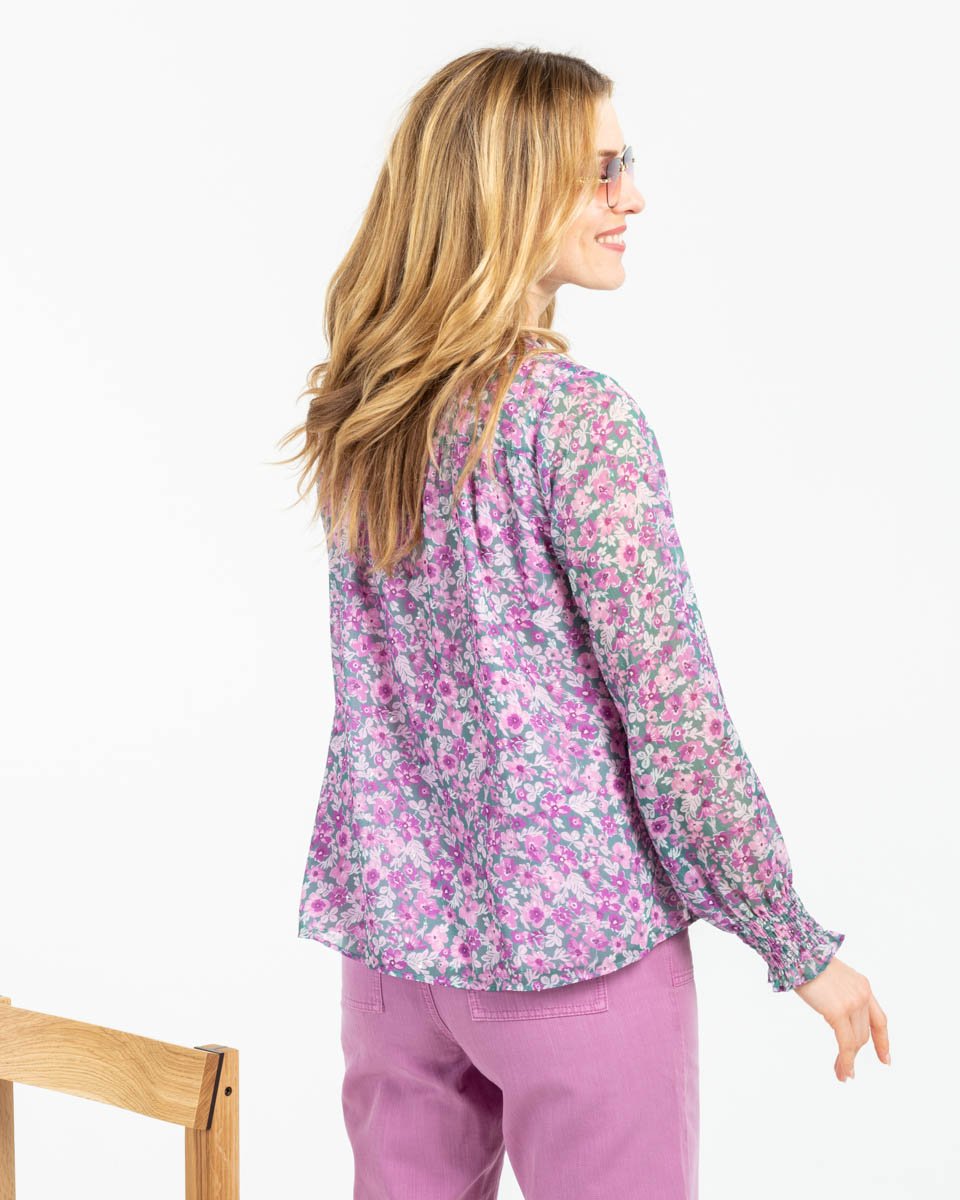 Blouse imprimée fleurie manches longues col V vert