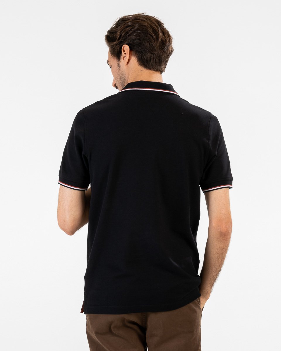 Polo manches courtes détails tricolores en coton noir