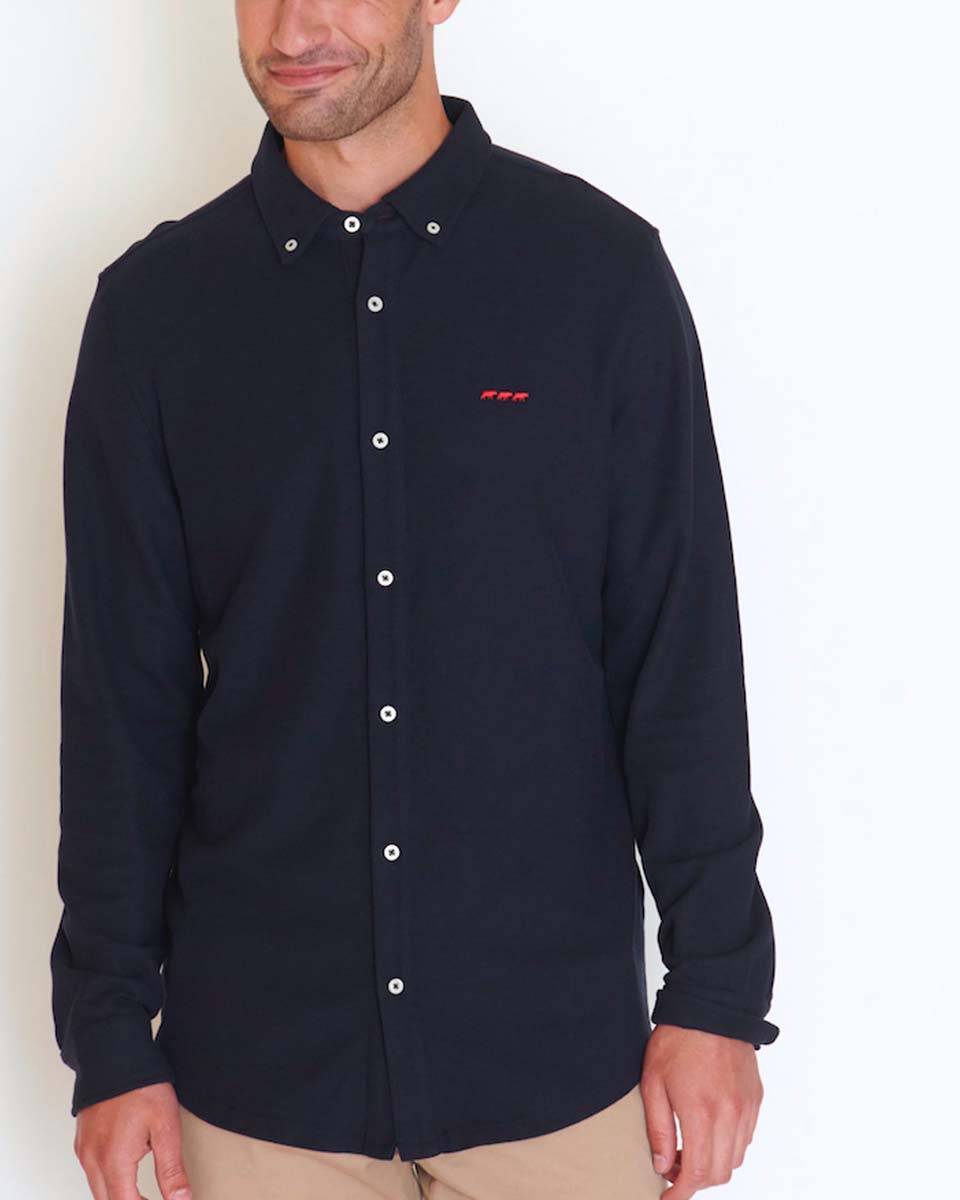 Chemise manches longues cintrée en coton piqué bleu
