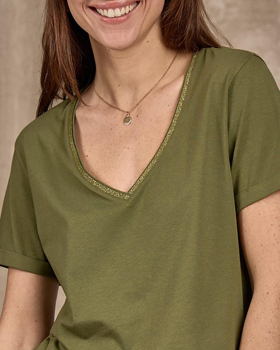 T-shirt col V lurex vert