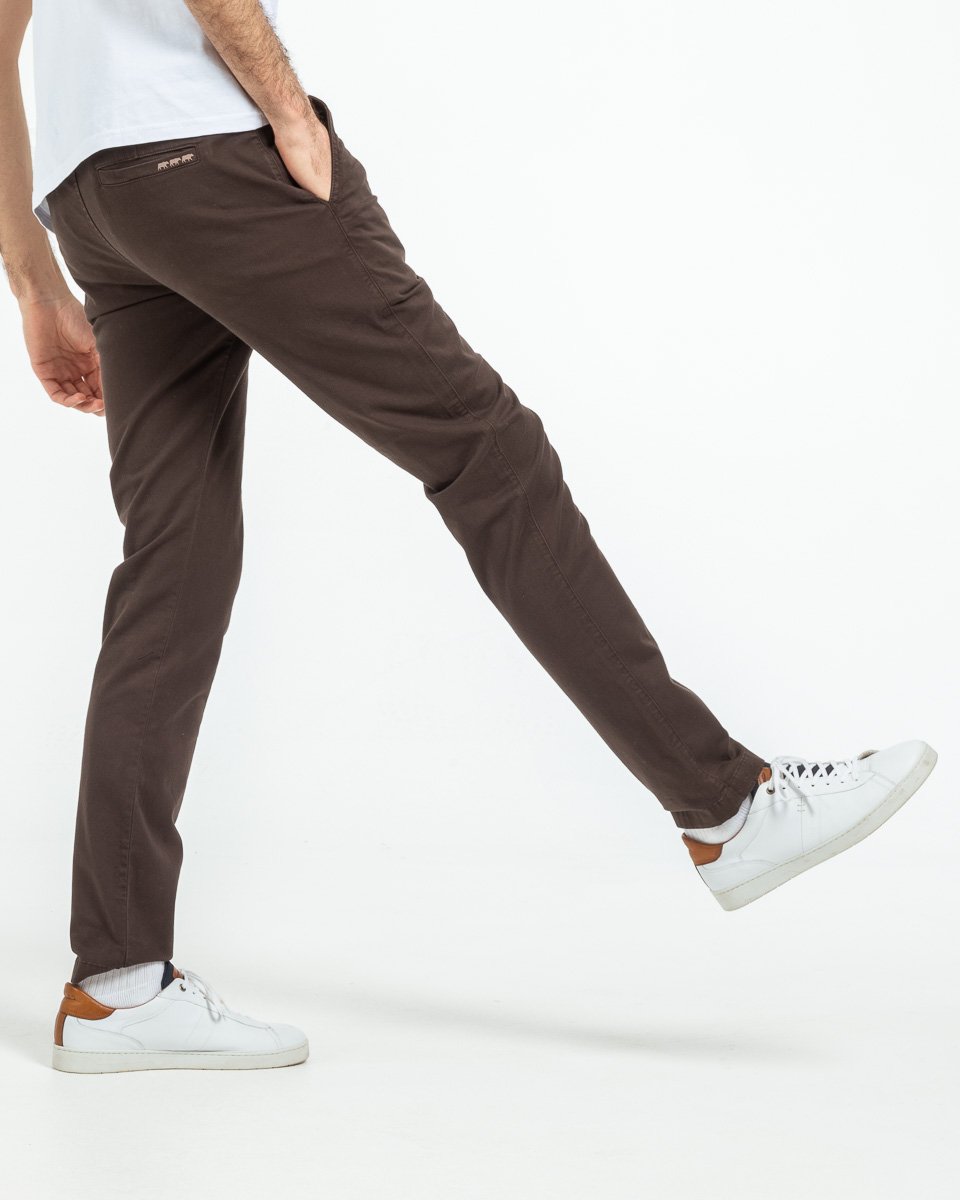Pantalon chino Lucas uni taille élastique en coton marron