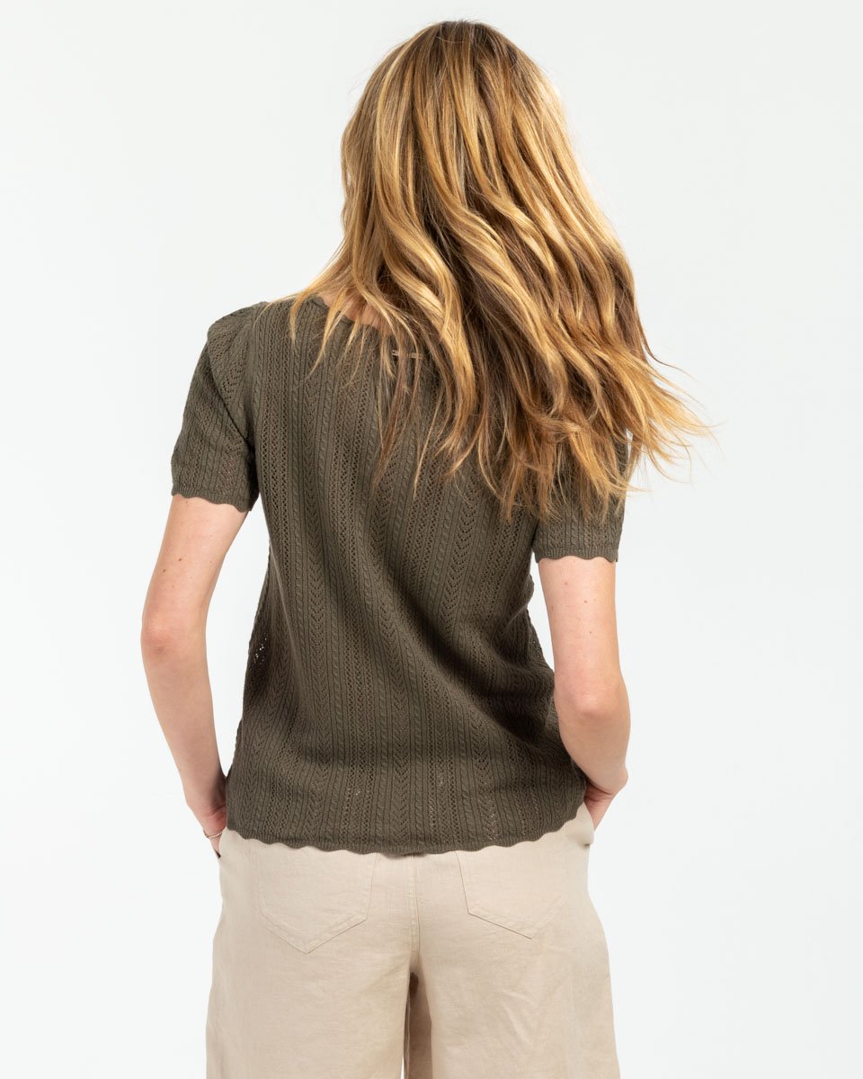 Pull manches courtes maille pointelle lin et coton vert