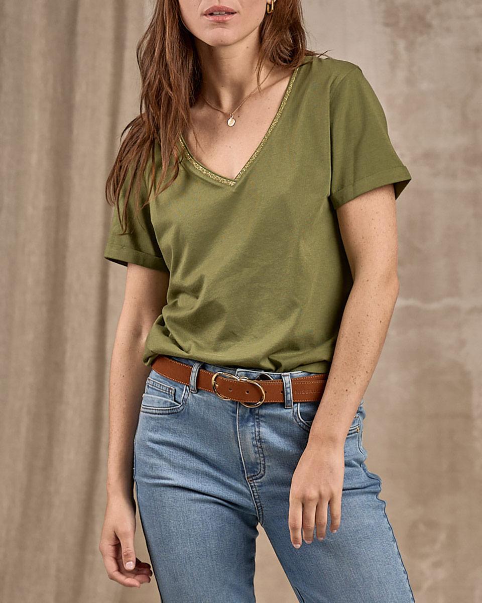 T-shirt col V lurex vert