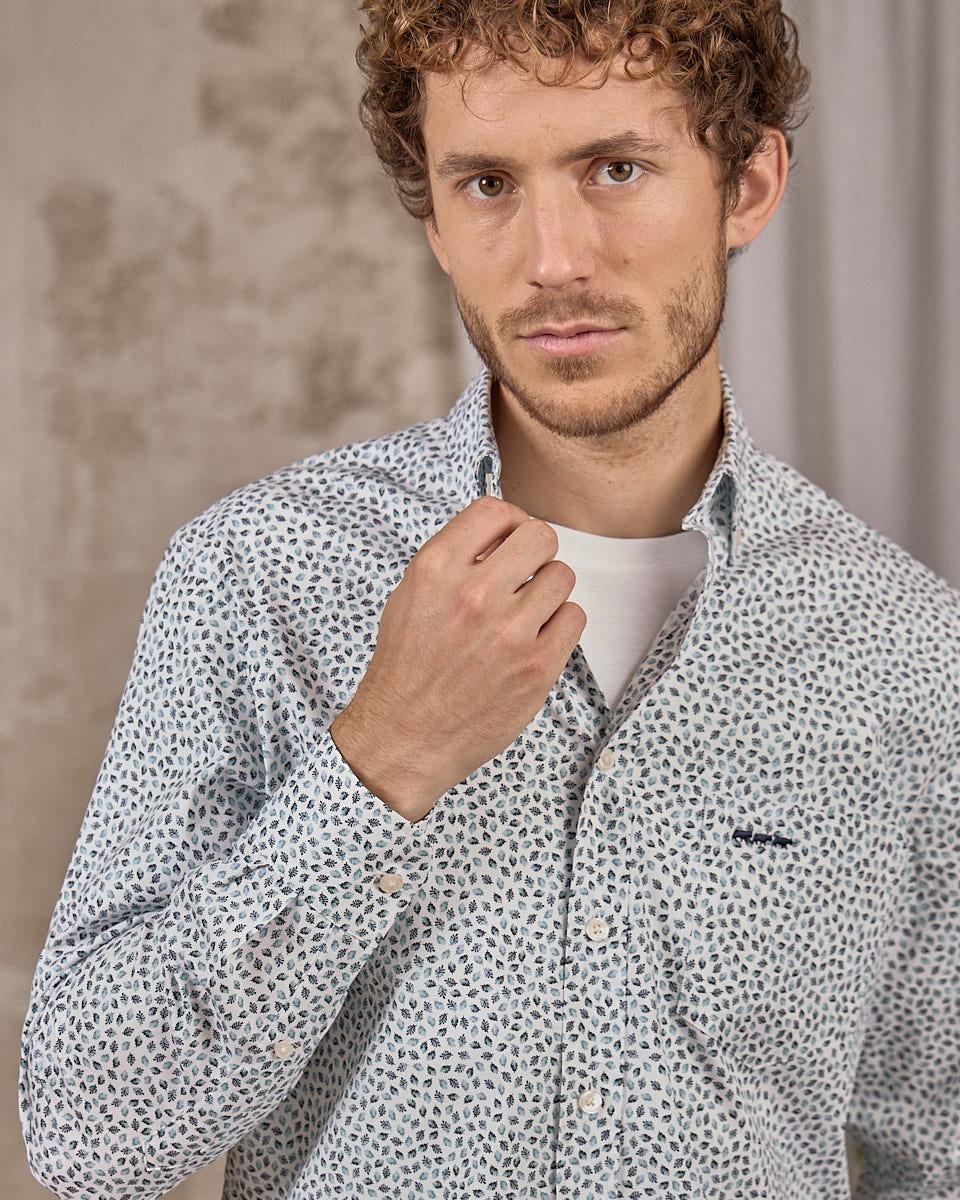 Chemise motifs feuillages bleu