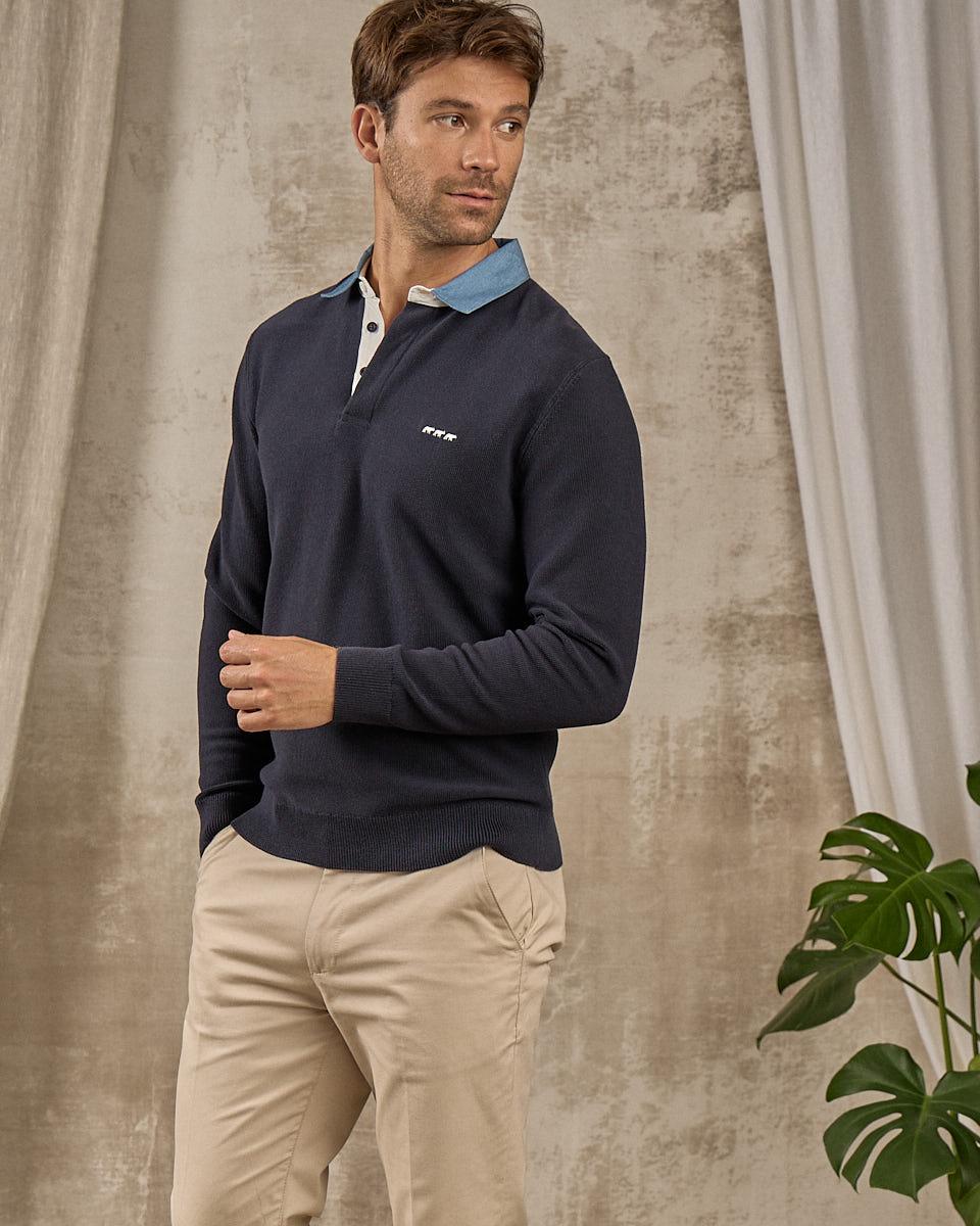 Pull col polo bleu