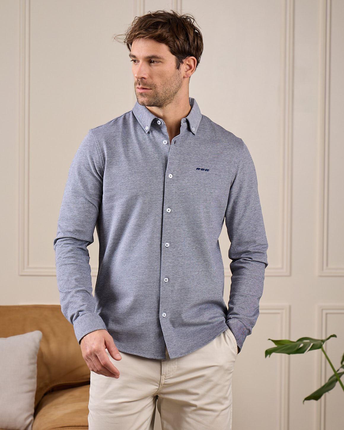 Chemise maille piquée bleu