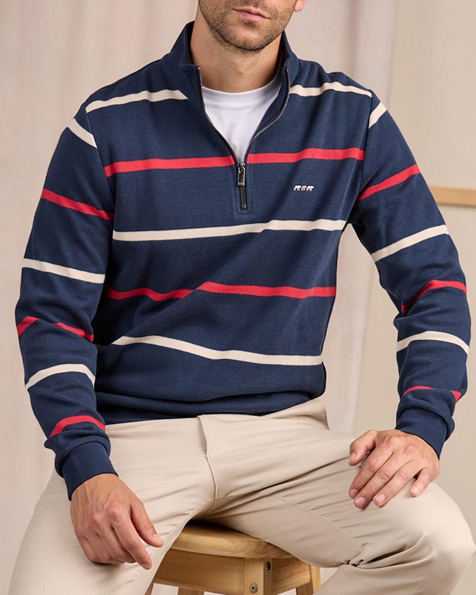 Sweat rayé col camionneur bleu