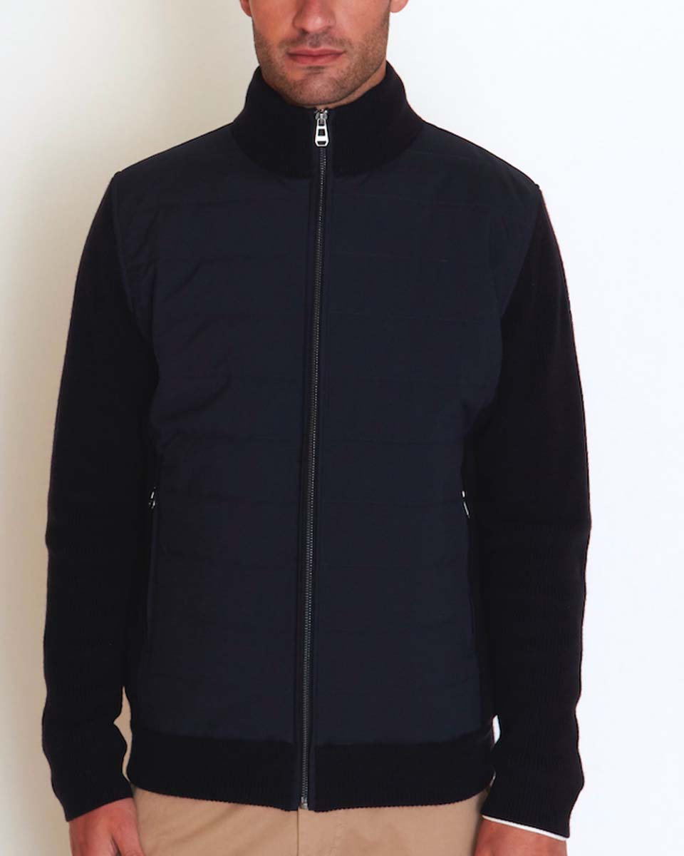 Cardigan matelassé bi-matière col montant poches zippées bleu