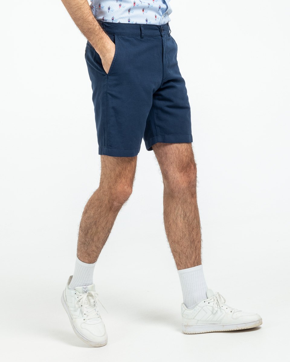 Bermuda coupe chino uni en coton et lin bleu