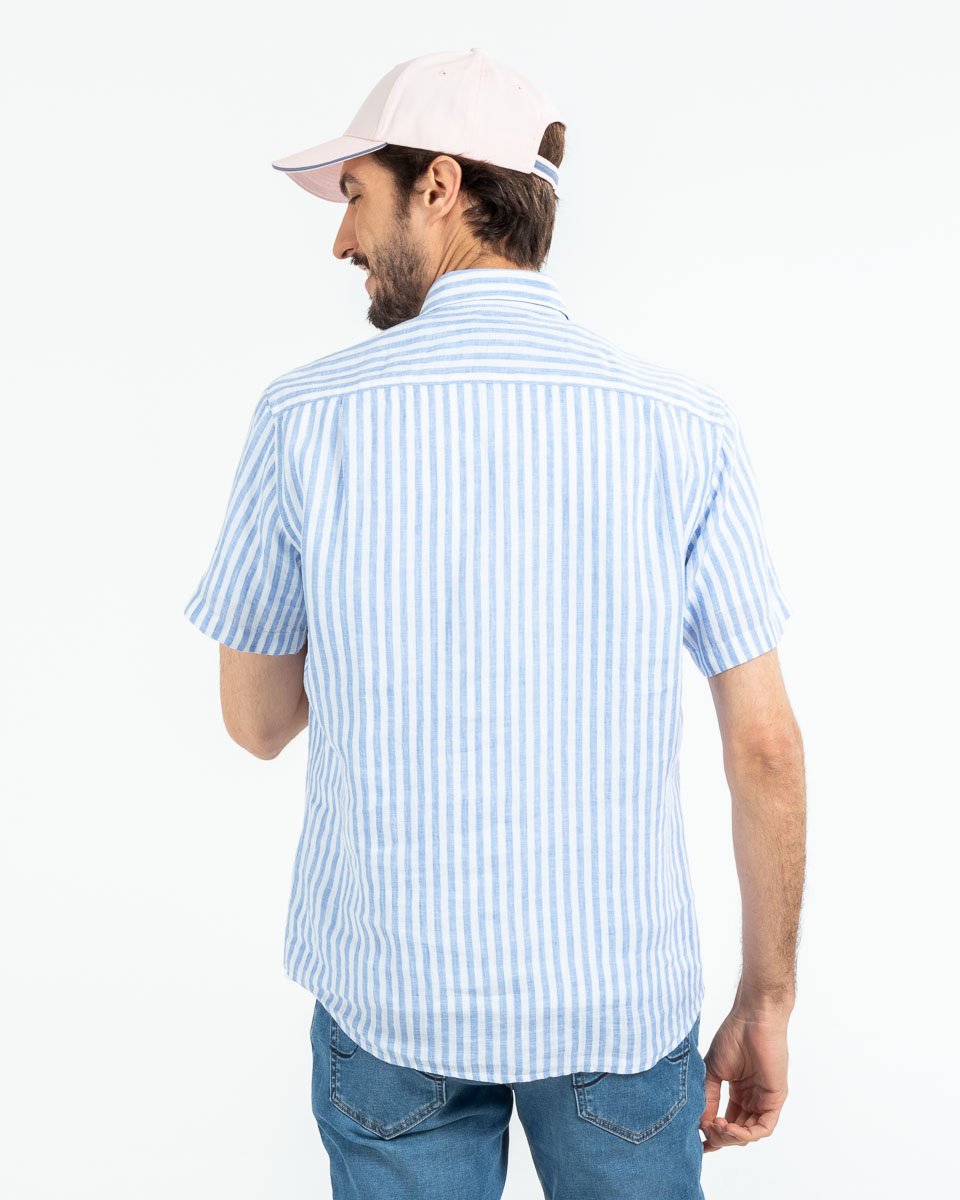 Chemise en lin manches courtes rayures verticales bleu