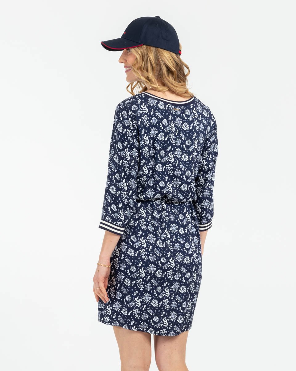 Robe unie col V ceinture tricolore en viscose bleu