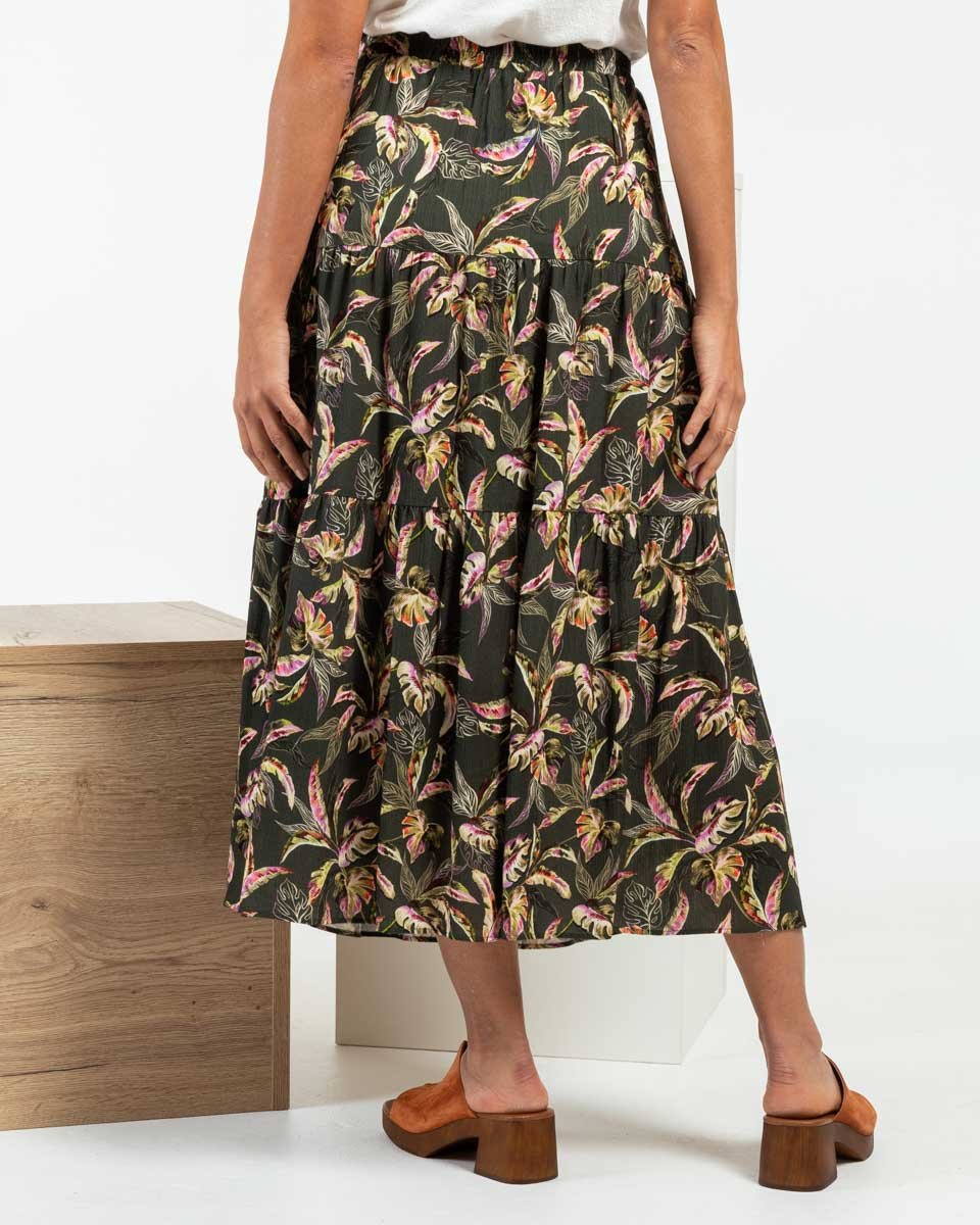 Jupe longue imprimé feuillages en viscose vert