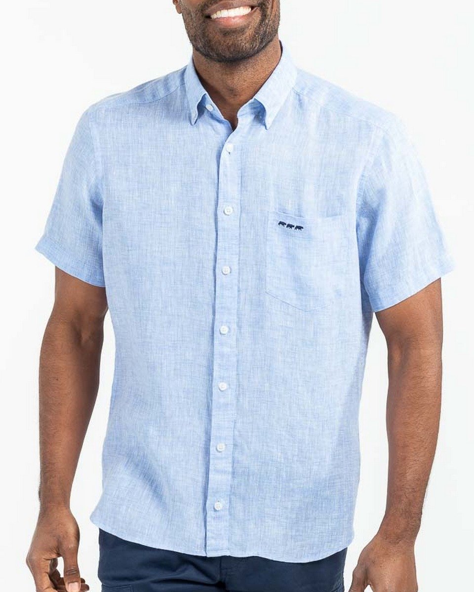 Chemise en lin regular fit unie à manches courtes bleu
