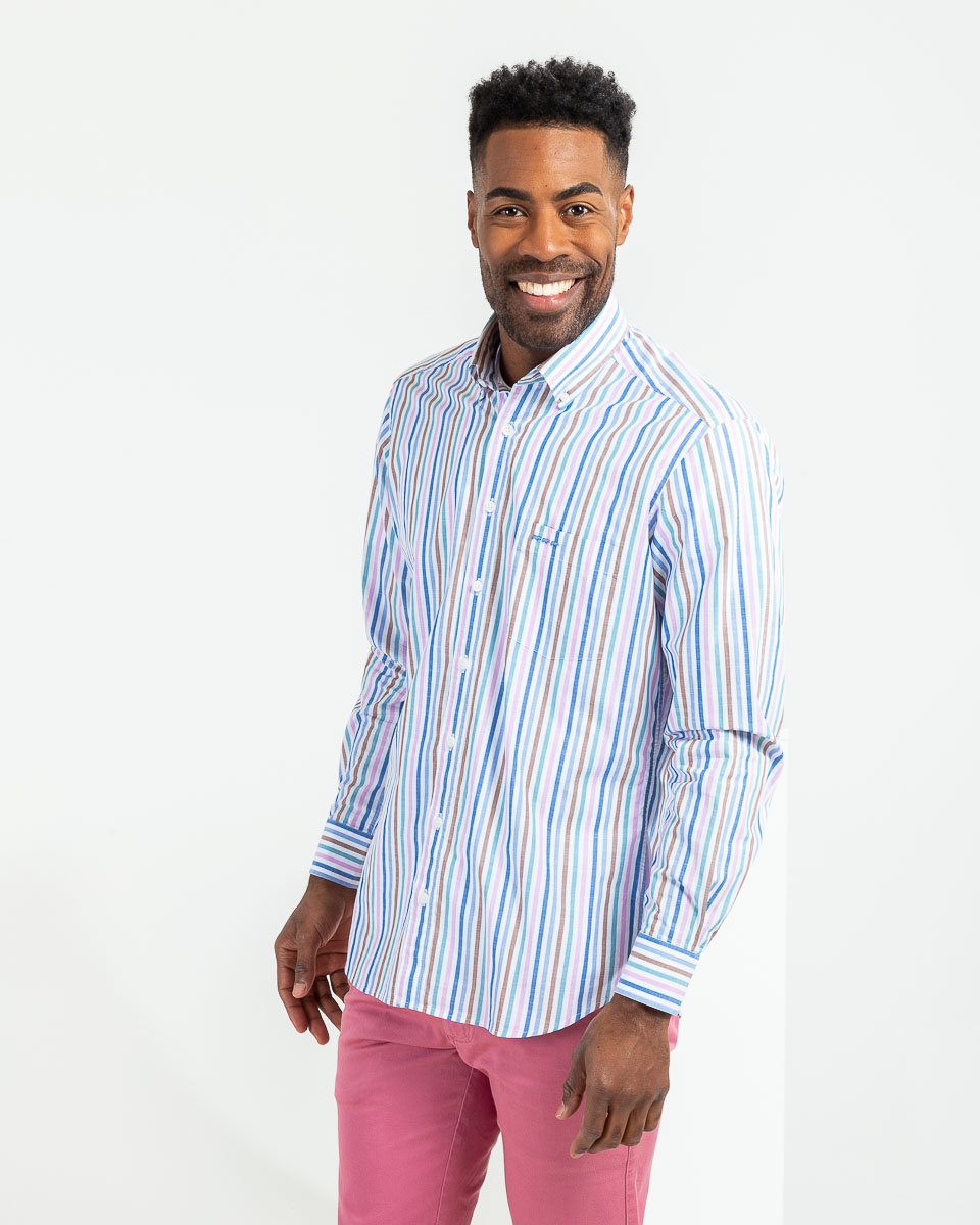 Chemise coton rayures colorées à manches longues blanc