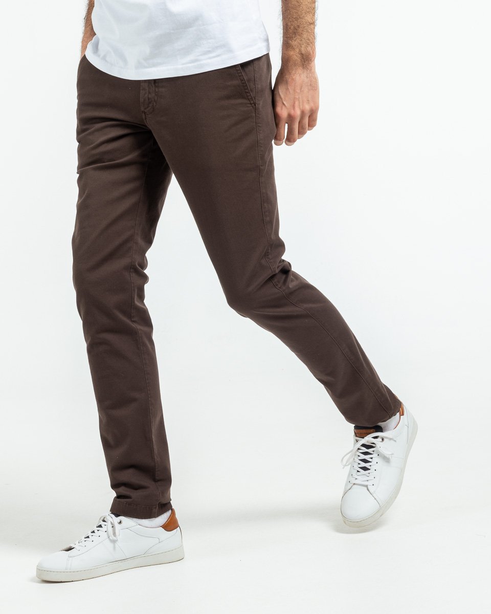 Pantalon chino Lucas uni taille élastique en coton marron
