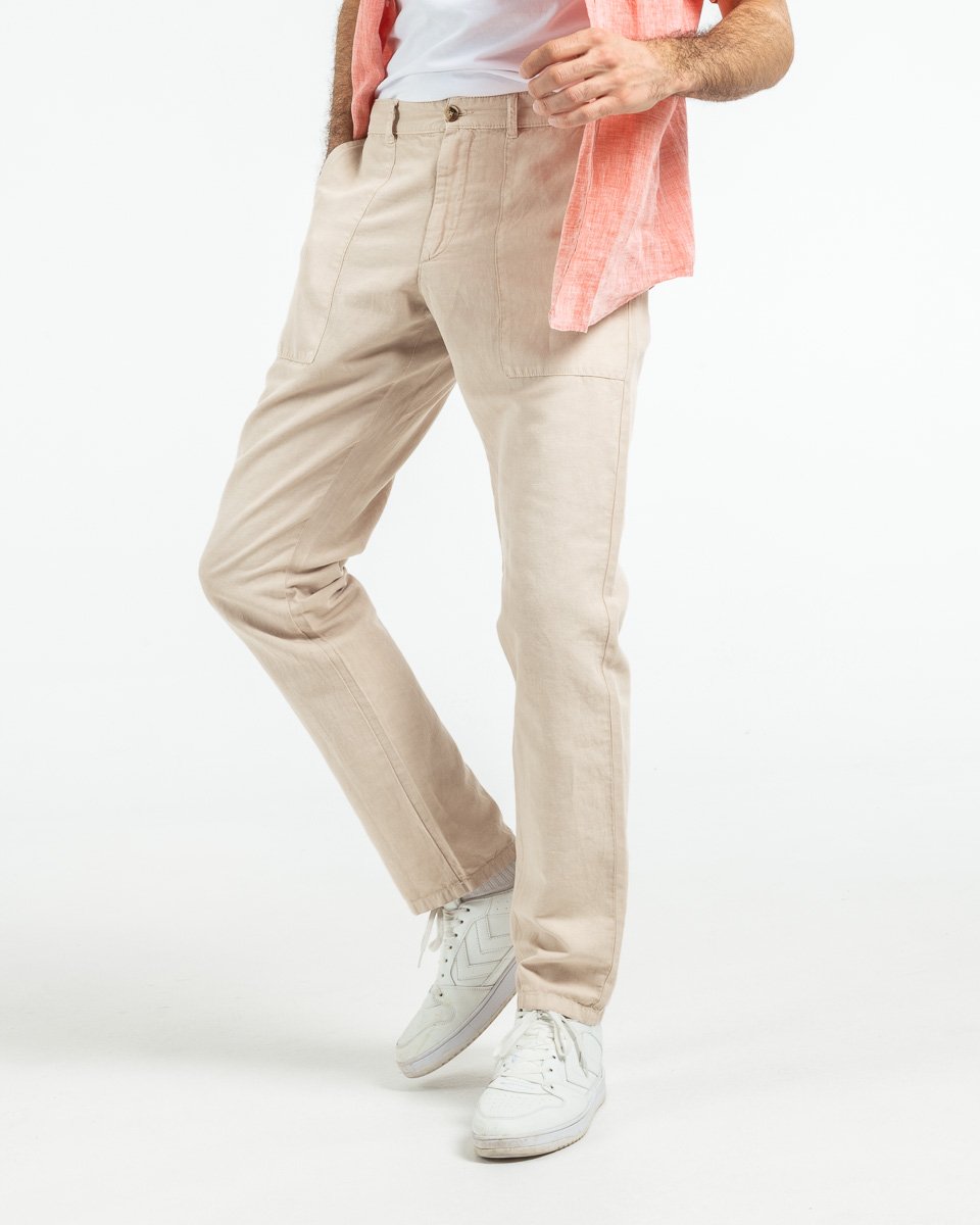 Pantalon lin et coton uni regular fit beige