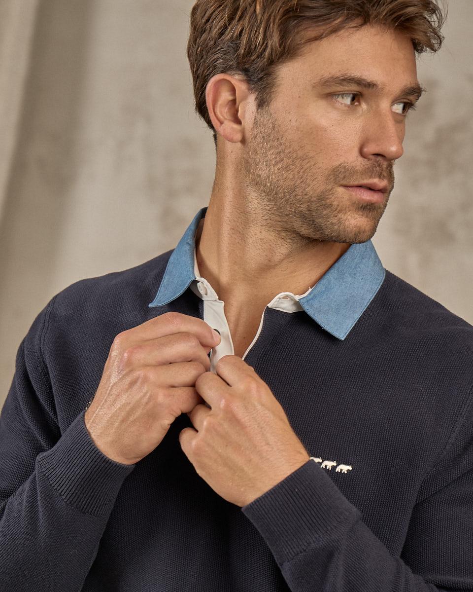 Pull col polo bleu