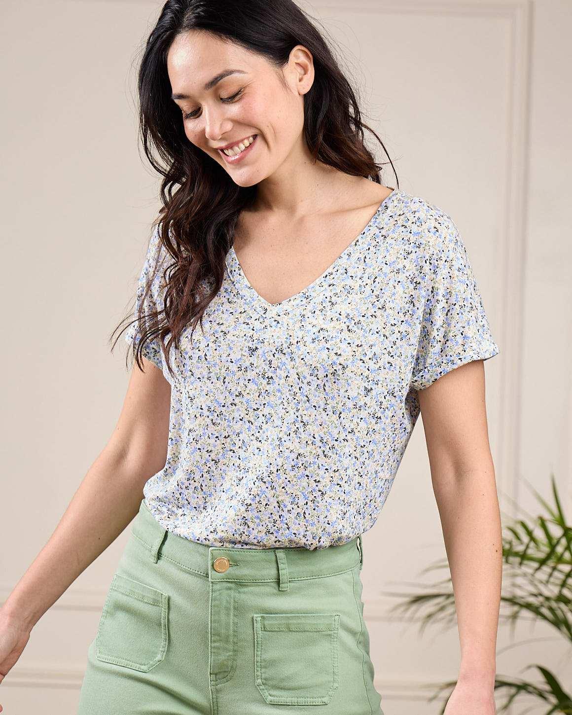 T-shirt lin et viscose bleu