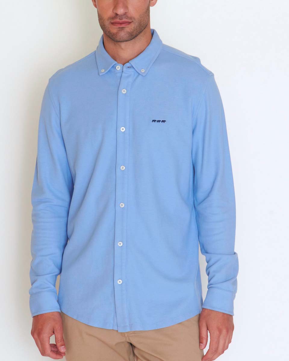 Chemise manches longues cintrée en coton piqué bleu