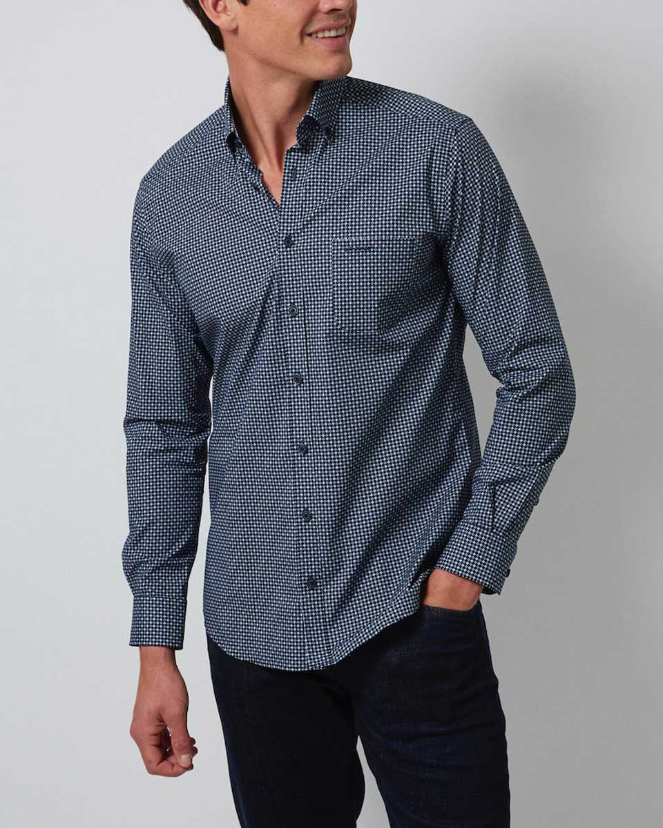 Chemise droite manches longues imprimé losanges en blanc