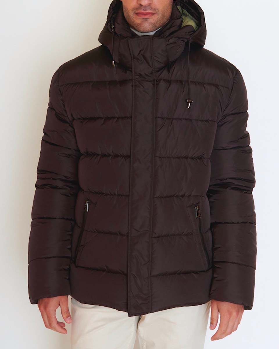 Doudoune mi-longue unie zippée à capuche amovible marron