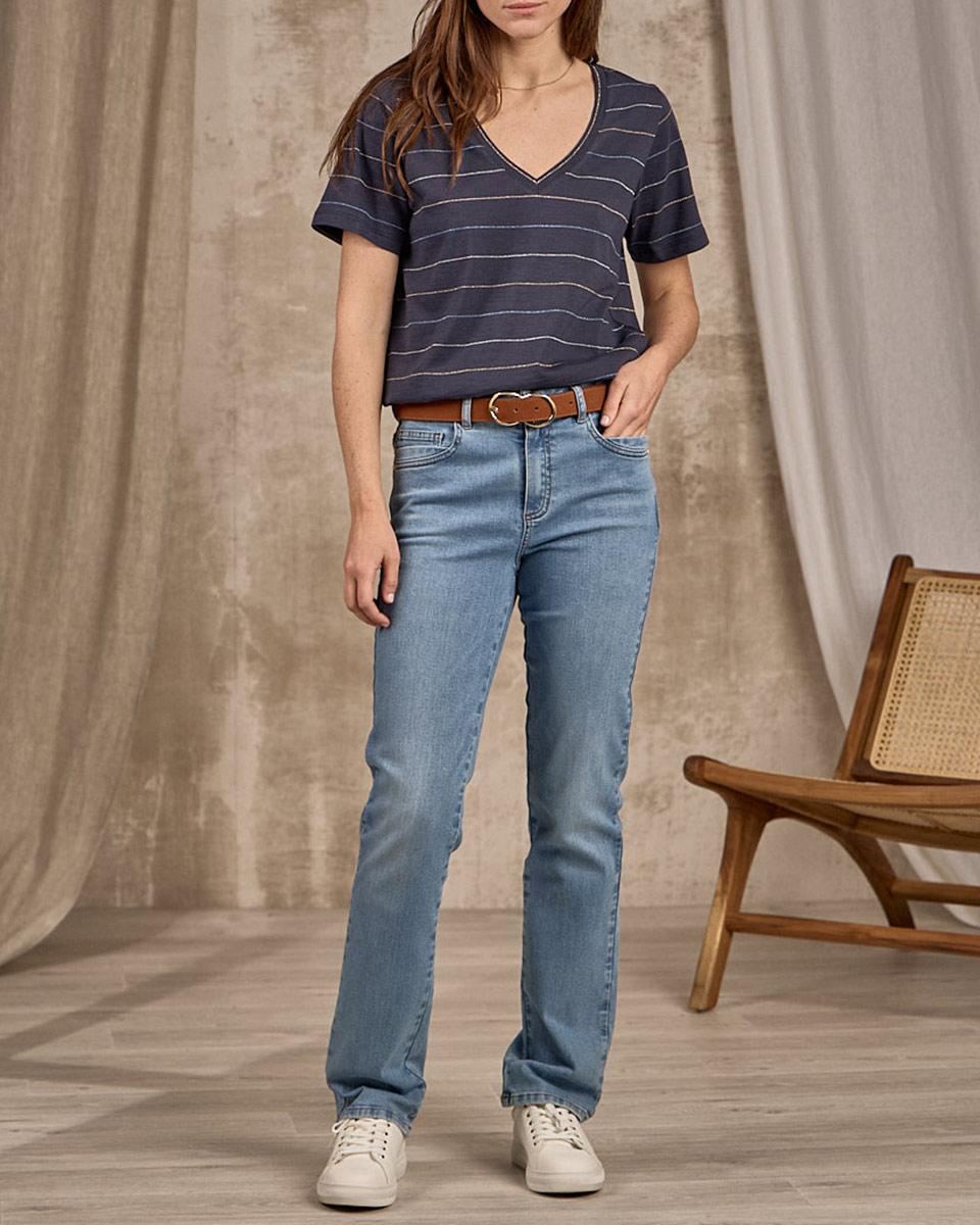 T-shirt col V rayé bleu