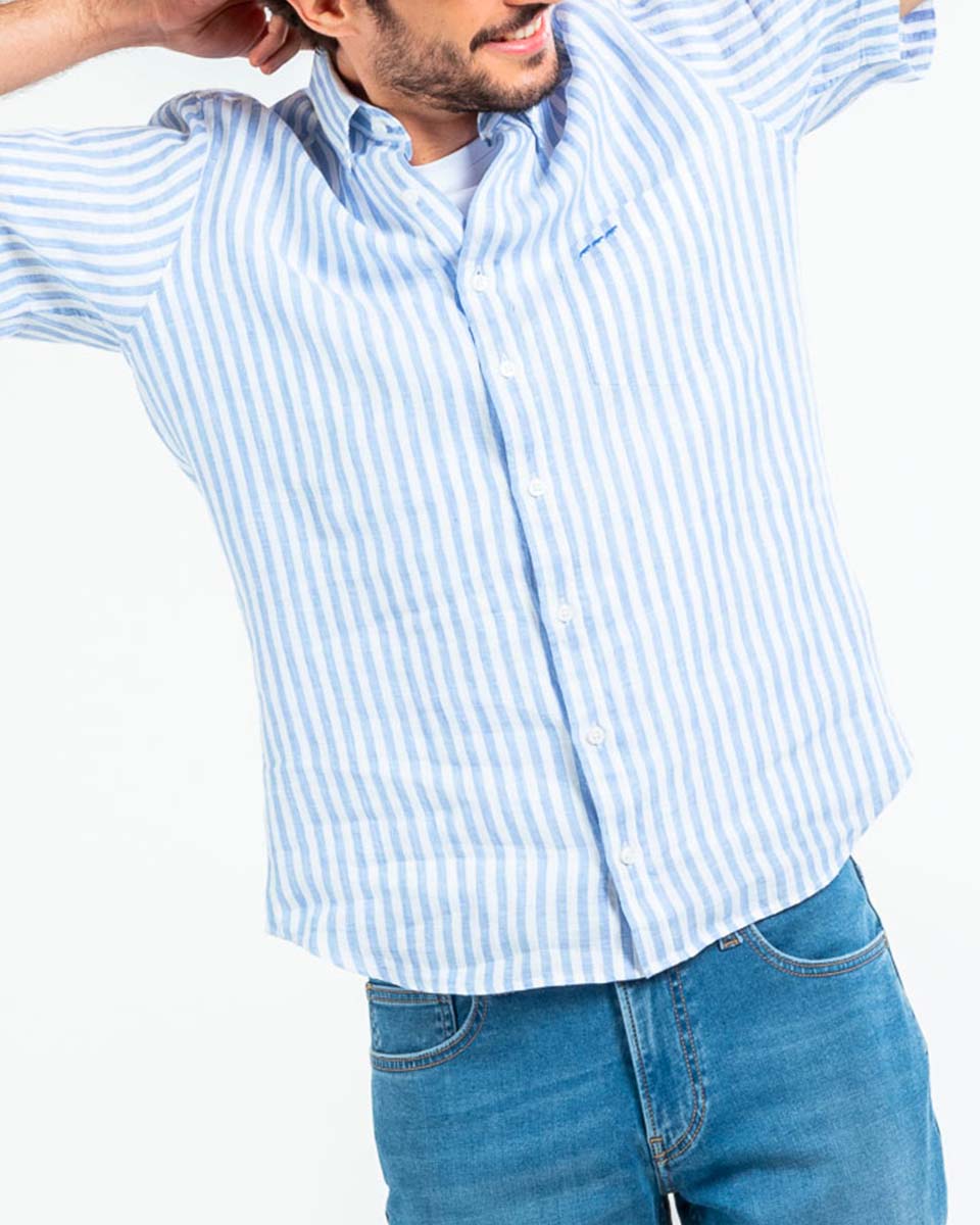 Chemise en lin manches courtes rayures verticales bleu