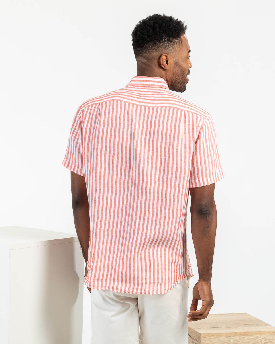 Chemise en lin manches courtes rayures verticales orange