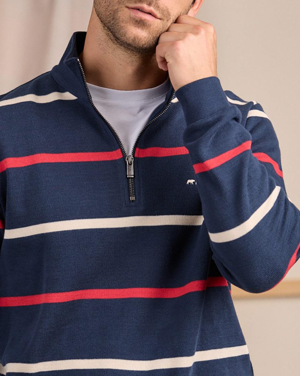 Sweat rayé col camionneur bleu