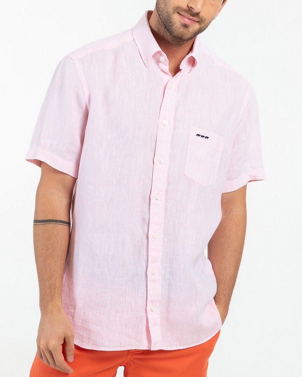 Chemise en lin regular fit unie à manches courtes rose