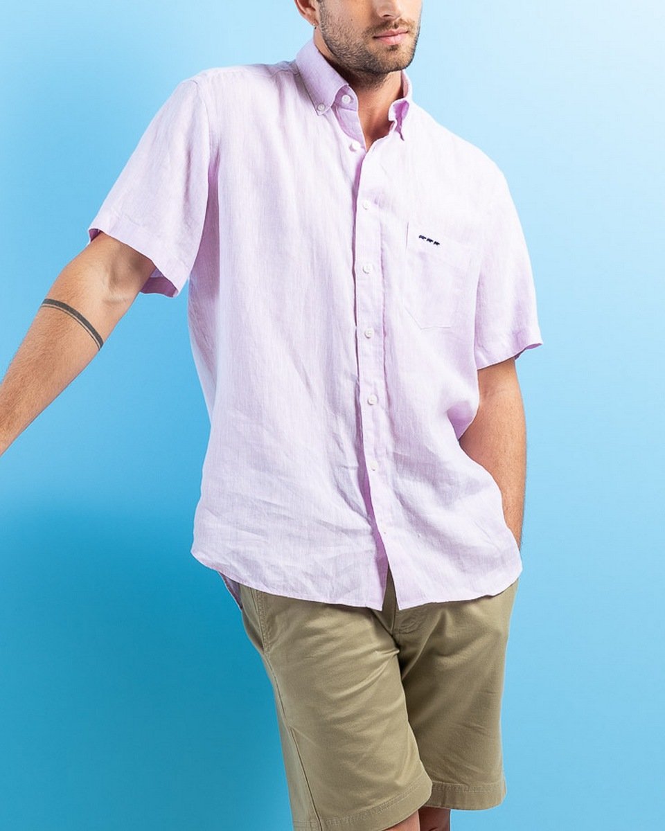 Chemise en lin regular fit unie à manches courtes