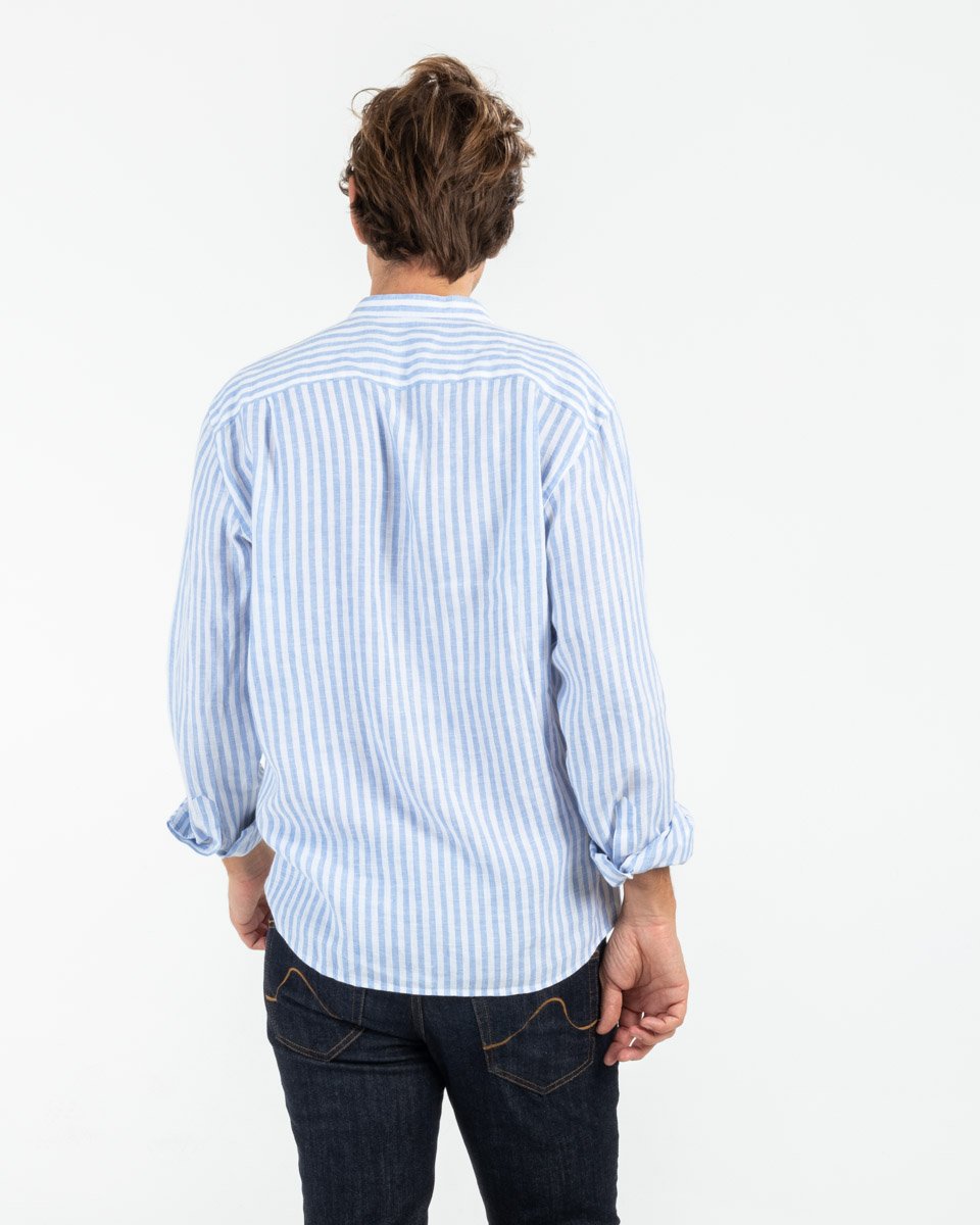Chemise col mao unie à manches longues en lin bleu