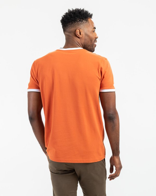 T-shirt uni col et manches contraste en coton marron