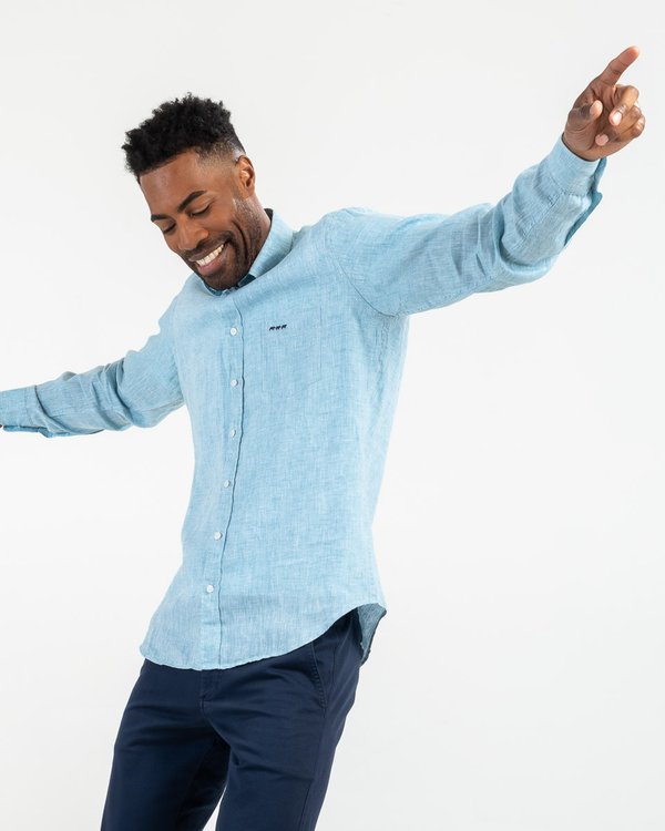 Chemise manches longues en lin unie regular fit bleu Chemise manches longues en lin unie regular fit bleu