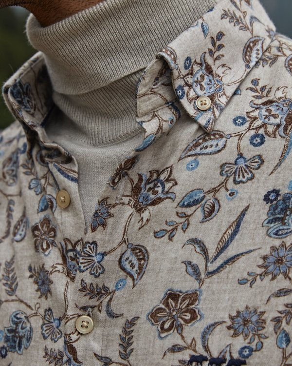 Chemise flanelle à manches longues motif exclusif en coton beige