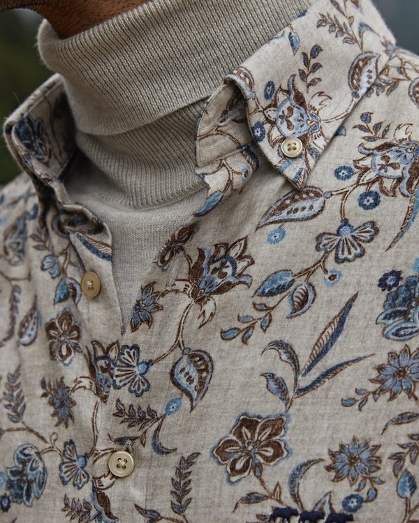 Chemise flanelle à manches longues motif exclusif en coton beige Chemise flanelle à manches longues motif exclusif en coton beige