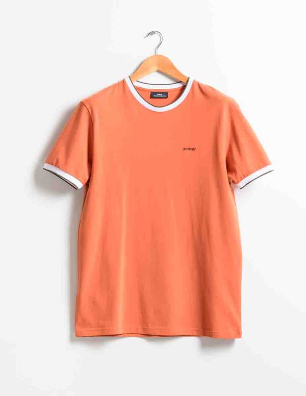 T-shirt uni col et manches contraste en coton marron