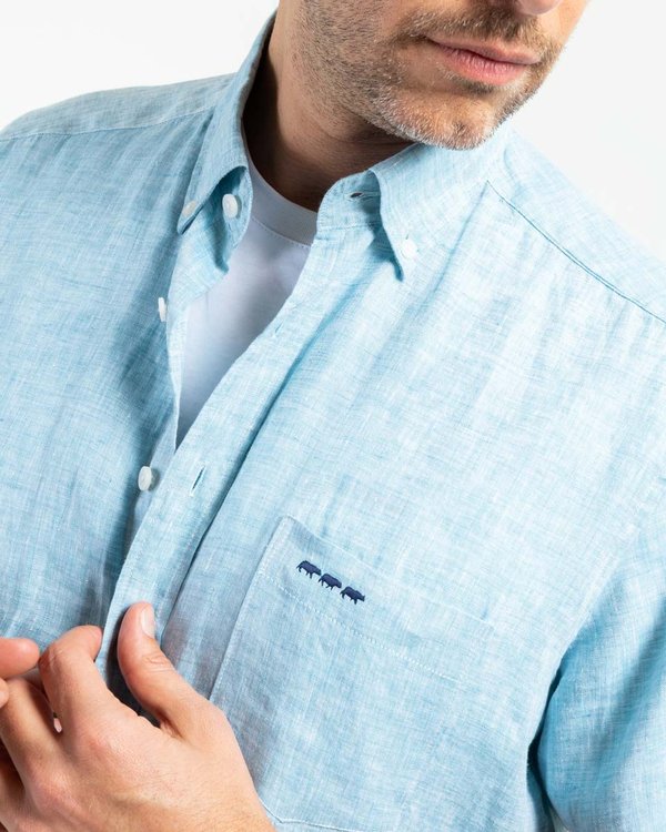 Chemise en lin regular fit unie à manches courtes bleu Chemise en lin regular fit unie à manches courtes bleu