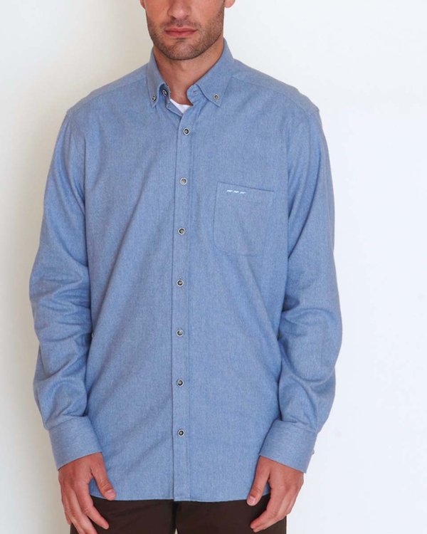 Chemise confort manches longues unie en coton bleu Chemise confort manches longues unie en coton bleu