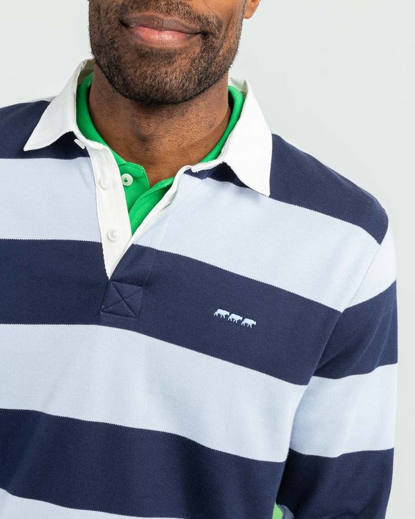 Sweat rayé col polo style rugby en coton bleu