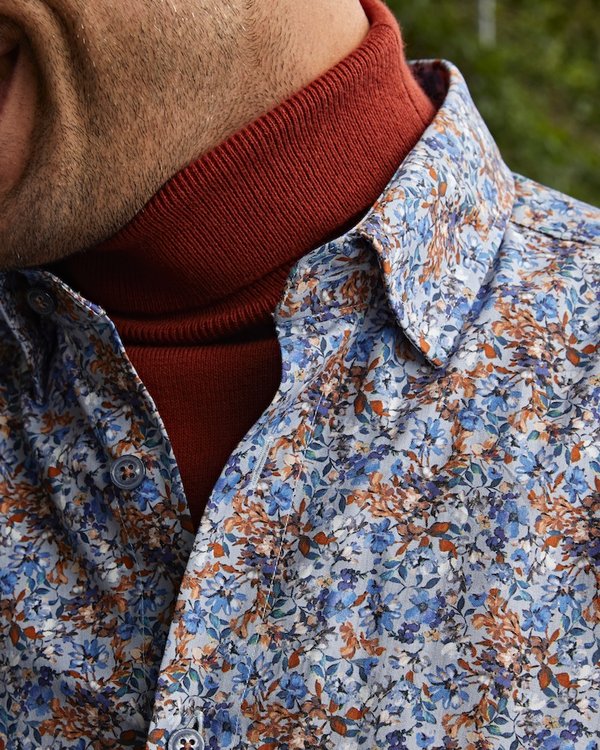 Chemise popeline à fleurs manches longues coupe modern fit en coton bleu