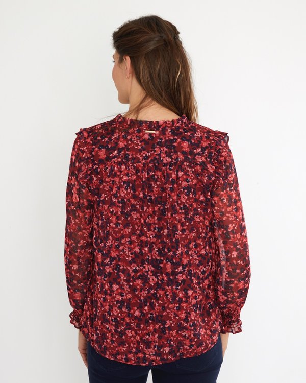 Blouse imprimée à fleurs manches ballons épaules smockées rouge Blouse imprimée à fleurs manches ballons épaules smockées rouge